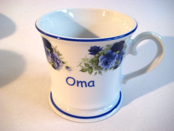 Porzellan- Tasse, Kaffeepott, Becher- Oma's Pott+ Blumenmotiv blau -deutsches Produktdesign