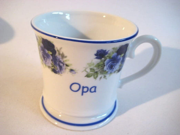 Porzellan- Tasse, Kaffeepott, Becher- Opa's Pott+ Blumenmotiv blau -deutsches Produktdesign