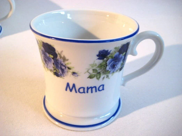 Porzellan- Tasse, Kaffeepott, Becher- Mama's Pott+ Blumenmotiv blau -deutsches Produktdesign