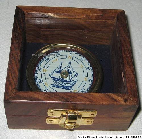 Maritimer Kompass mit Motiv Schiff aus Messing in dekorativer Holzbox