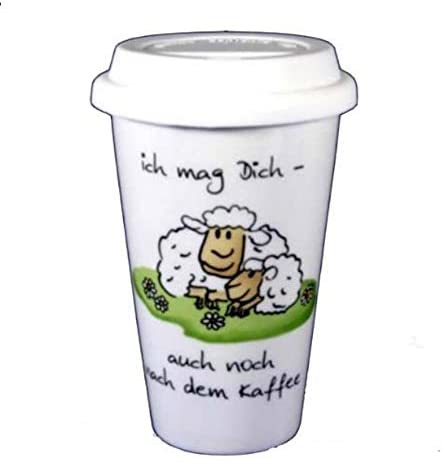 Porzellan- Thermo, doppelwandig- Coffee to Go mit Deckel - Schafe- Ich mag Dich- deutsches Produktdesign- der Umwelt zuliebe!