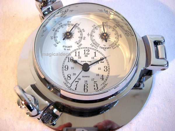 Wetterstation mit Uhr in Bullaugenform aus massiv Messing 2000g, verchromt - Durchmesser 14 cm