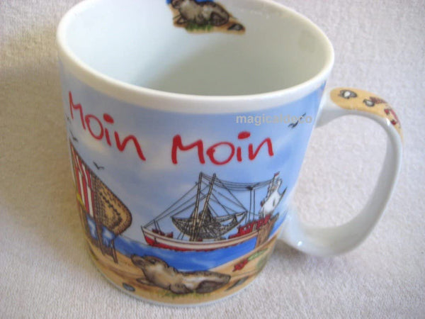 Porzellan- Jumbo Tasse, Kaffeepott, Becher 0,5 L- Moin Moin- Schiff, Strand, Robbe- maritim- deutsches Produktdesign