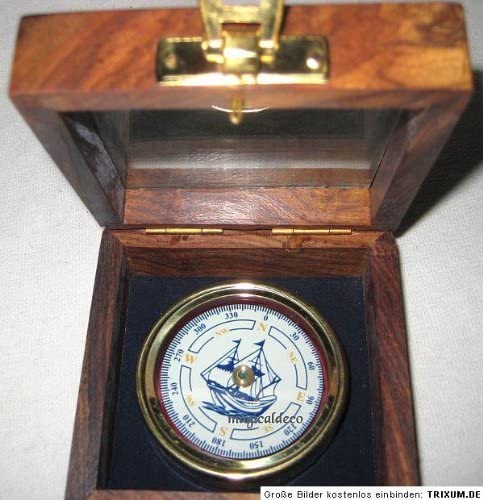 Maritimer Kompass mit Motiv Schiff aus Messing in dekorativer Holzbox