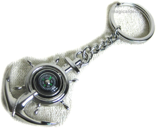2X Schlüsselanhänger/Ring - Messing, vernickelt - Kompass im Anker