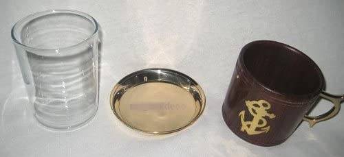 6er Set- Grog- Glas/Tee- Glas- maritim- Messing, Holz und Glas mit Untersetzer- Ankermotiv