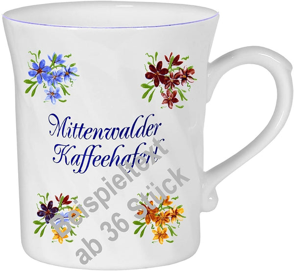 Porzellan gedreht- Tasse, Kaffeepott, Becher mit Farbrand- Motiv 4 Blumen