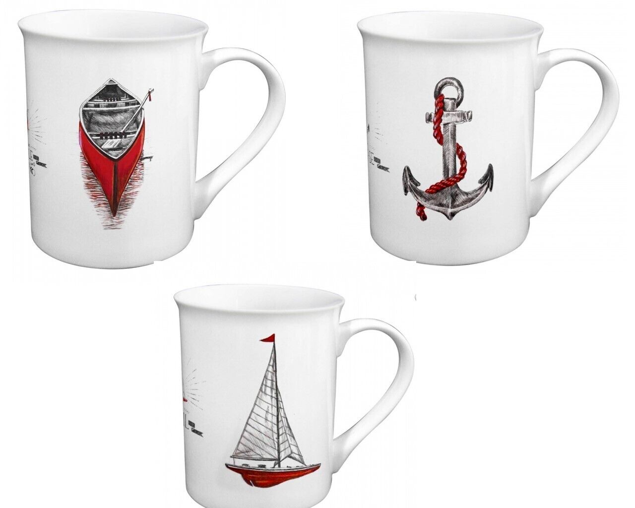 3er Set maritime Tasse, Henkelbecher H. 10 cm, Porzellan in Geschenkebox