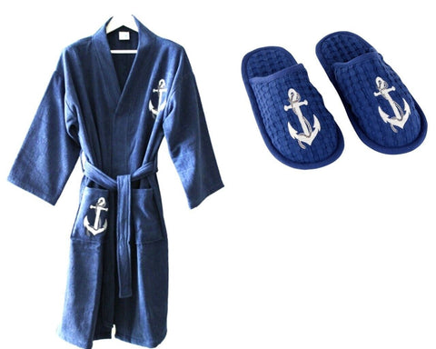 Bademantel maritim- Gr. S, L oder XL in marineblau+ Slipper Motiv Anker