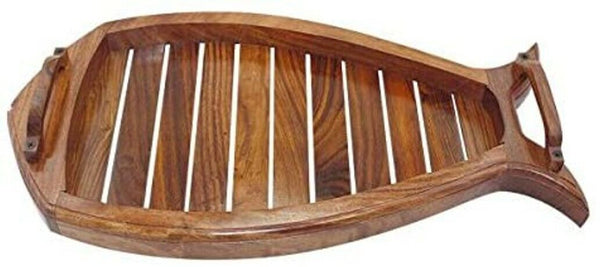 Maritimes Tablett Fisch aus Holz mit Tragegriffen 47 cm
