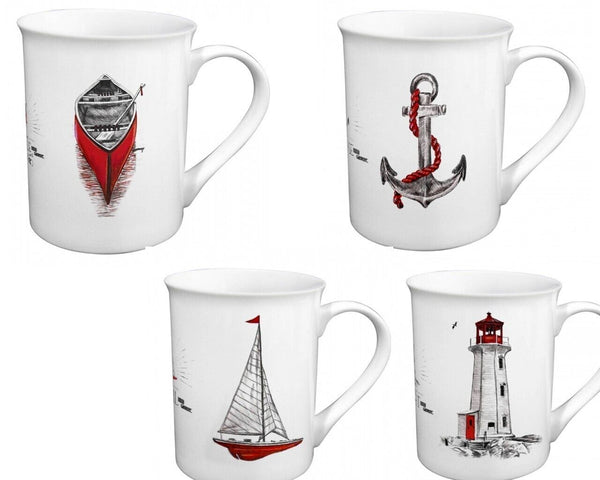 4er Set maritime Tasse, Henkelbecher H. 10 cm, Porzellan in Geschenkebox