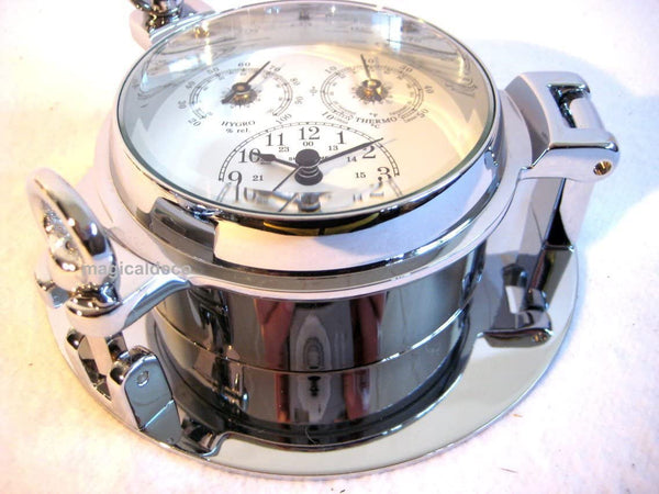 Hygro/Thermometer+ Uhr in Bullaugenform aus massiv Messing 2000 g, verchromt - Durchmesser 14 cm