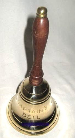 Kleine Tresenglocke- Handglocke Messing mit Prägung Captain's Bell mit Holzgriff - H 12,5 cm