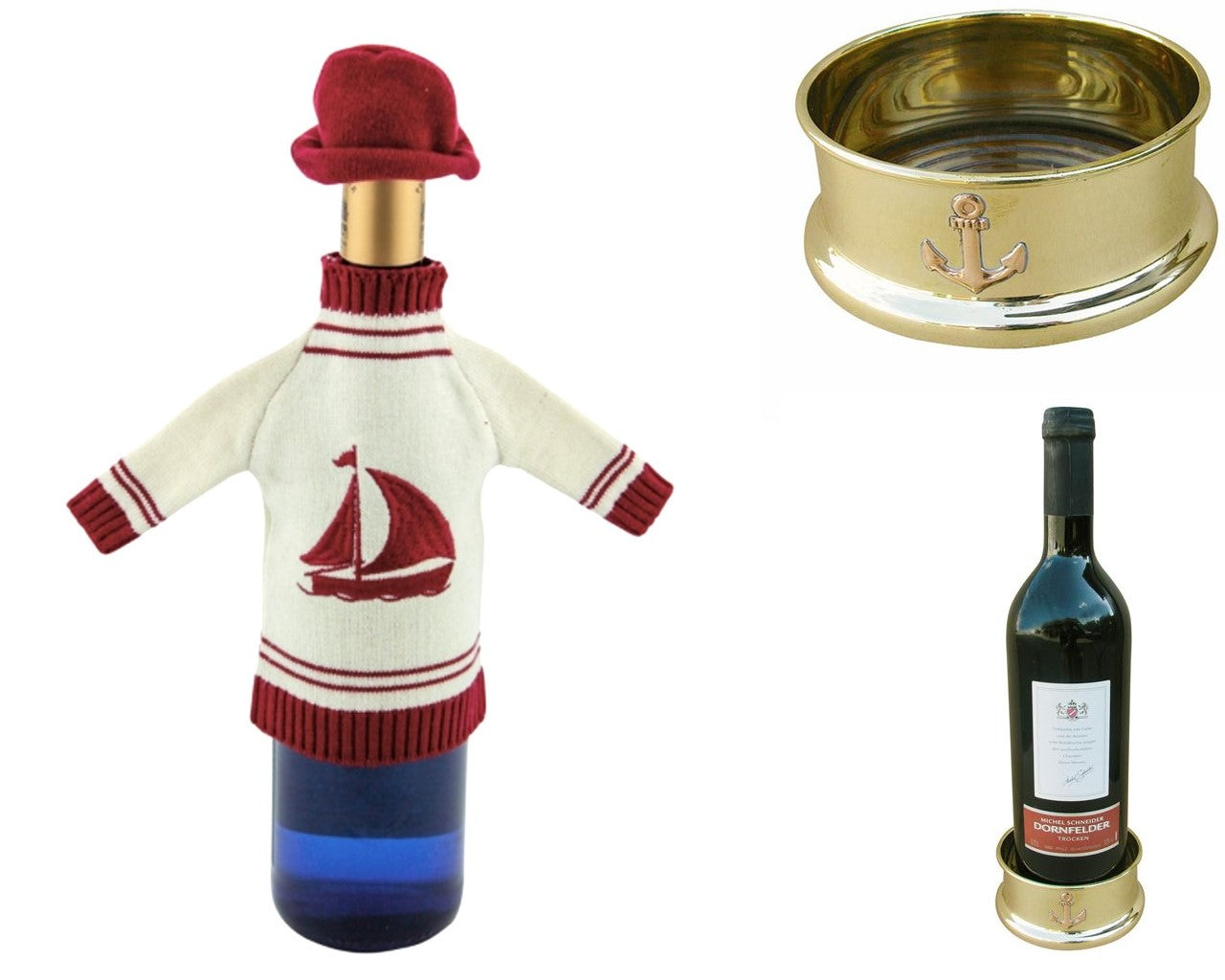 Flaschenpulli - rot/weiß mit Mütze+ Untersetzer Flaschen aus Messing/Holz-Segler