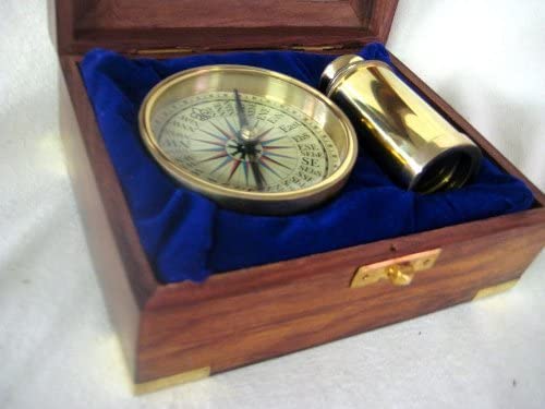 Set- Teleskop und Kompass Inclusive Holzbox mit Glasdeckel