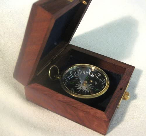 Edler Kompass Ø 4,5 cm in Holzschatulle mit Deckel- Ankermotiv 7,5 cm