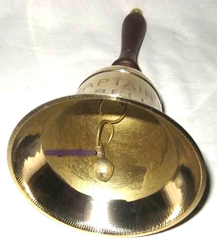 Kleine Tresenglocke- Handglocke Messing mit Prägung Captain's Bell mit Holzgriff - H 12,5 cm