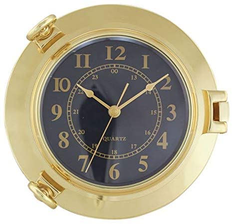 Uhr in Bullaugenform- Messing, Durchmesser 22,5 cm- Zifferblatt schwarz
