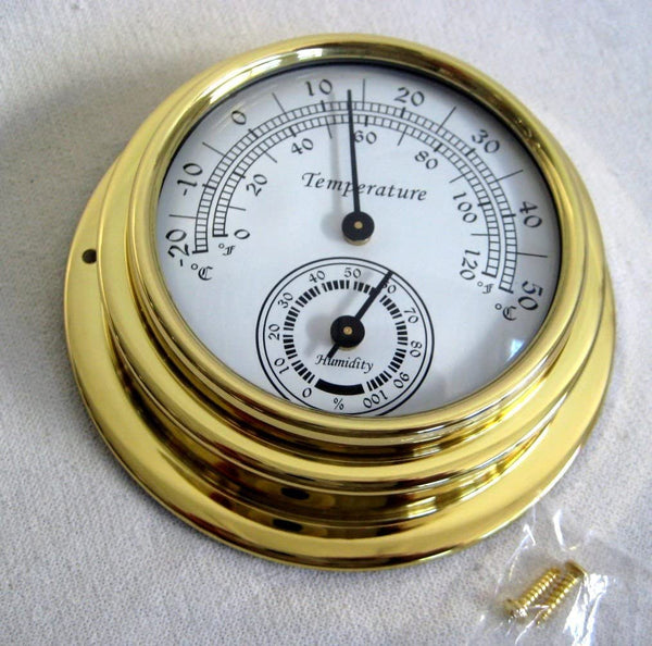 Kleines, leichtes Hygro-/Thermometer in Bullaugenform aus Messing- Durchmesser 10 cm