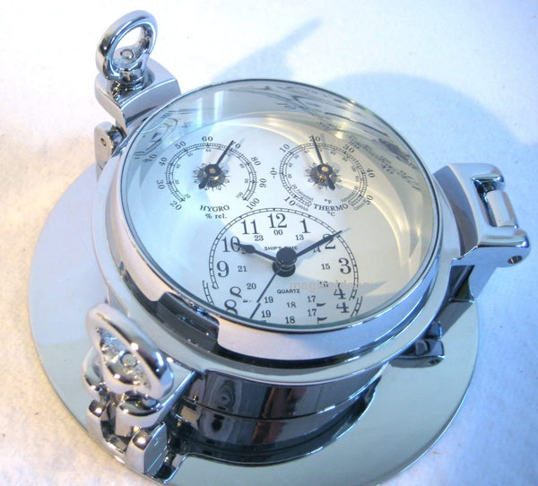 Wetterstation mit Uhr in Bullaugenform aus massiv Messing 2000g, verchromt - Durchmesser 14 cm