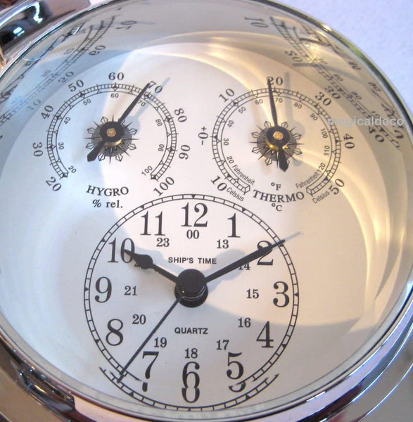 Hygro/Thermometer+ Uhr in Bullaugenform aus massiv Messing 2000 g, verchromt - Durchmesser 14 cm