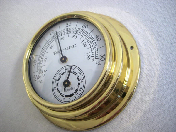 Kleines, leichtes Hygro-/Thermometer in Bullaugenform aus Messing- Durchmesser 10 cm