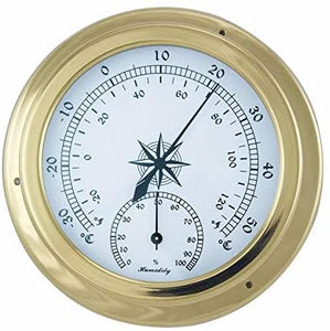 Leichtes Thermo-/Hygrometer in Bullaugenform aus Messing- Durchmesser 14,5 cm